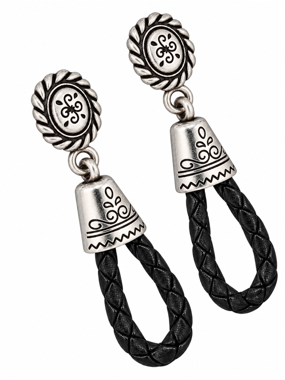 Brighton Silver & Black Braided Leather Loop Earrings VGUC Southwest Boho